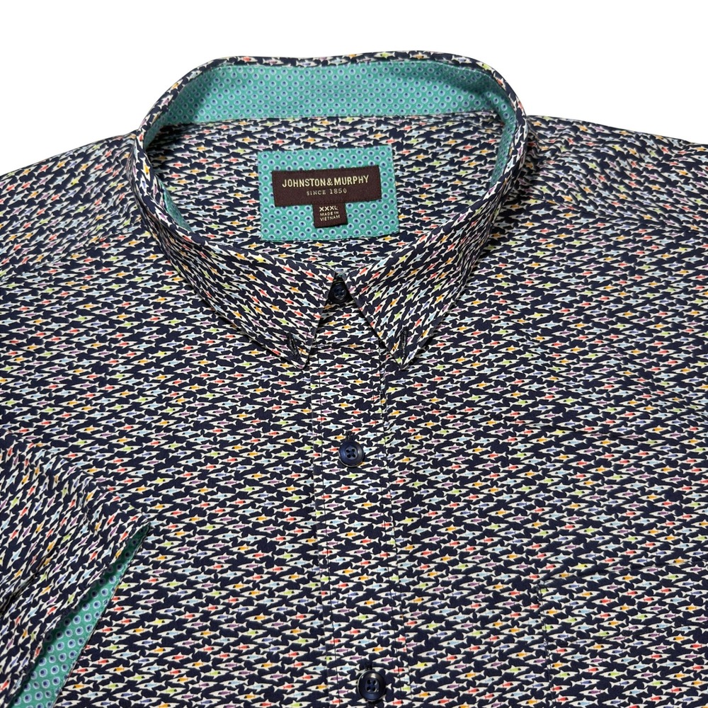 Johnston & Murphy Button Down Shirt Mens XXXL Navy Blue Excellent Fish Print SS